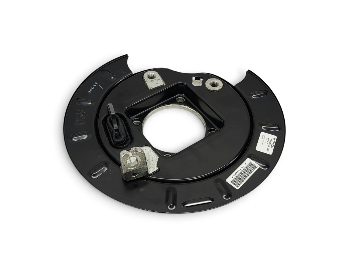 Send it Auto Parts OEM parking brake backing plate assembly for GM trucks, featuring black metal construction.