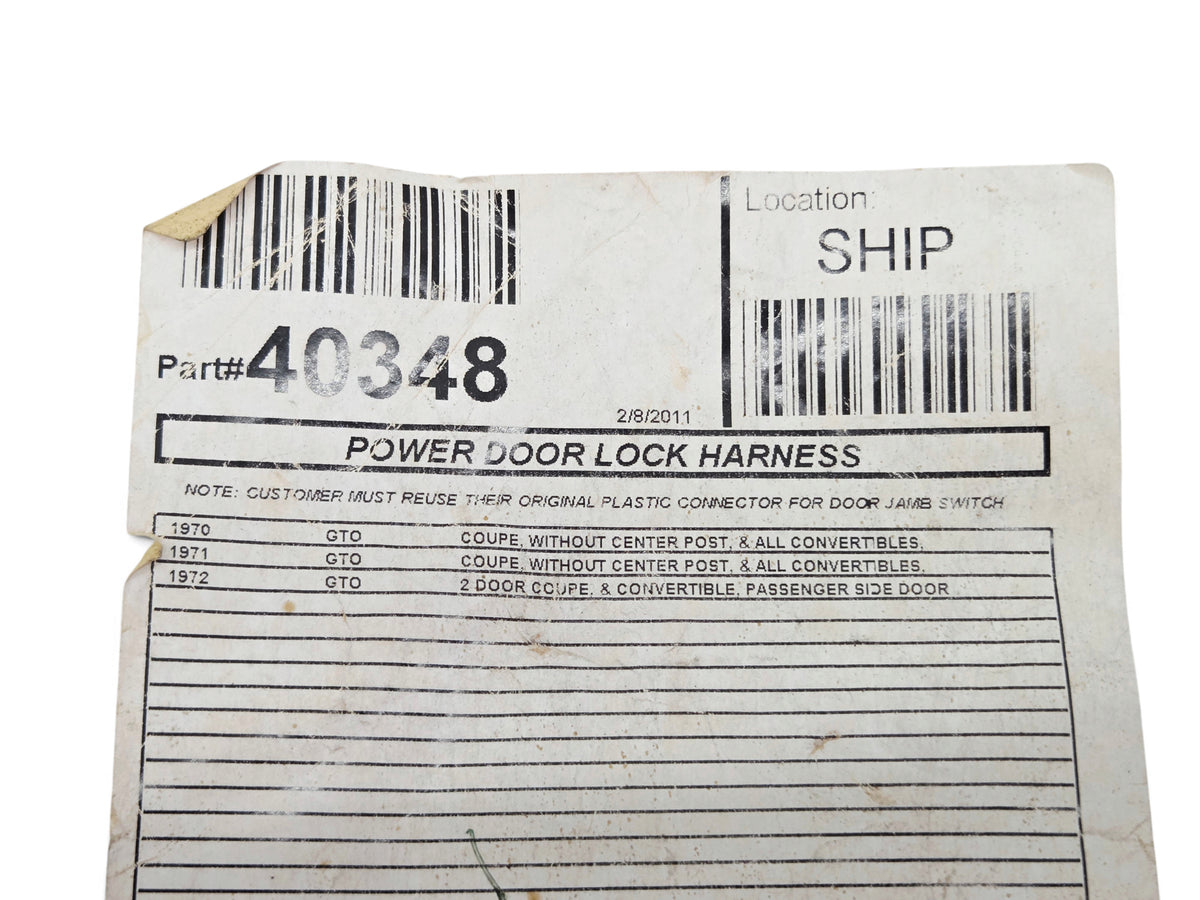 Send it Auto Parts M&H power door lock wiring harness label for 1970-1972 Pontiac GTO passenger side door