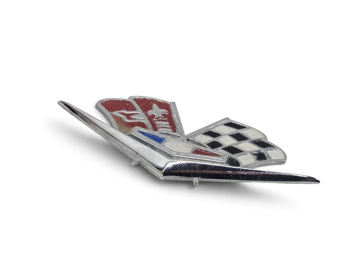 Send it Auto Parts OEM 1962-1963 C2 Corvette fender cross flags emblem in driver quality condition