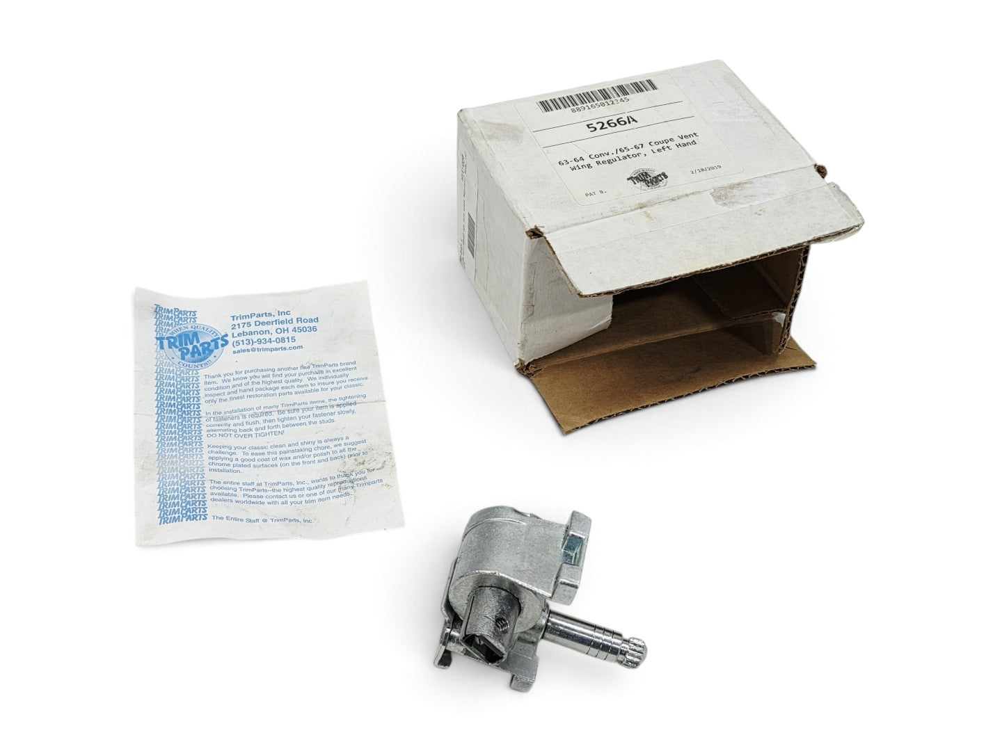 Send it Auto Parts Corvette C2 left vent window regulator with triple groove shaft and original Trim Parts packaging