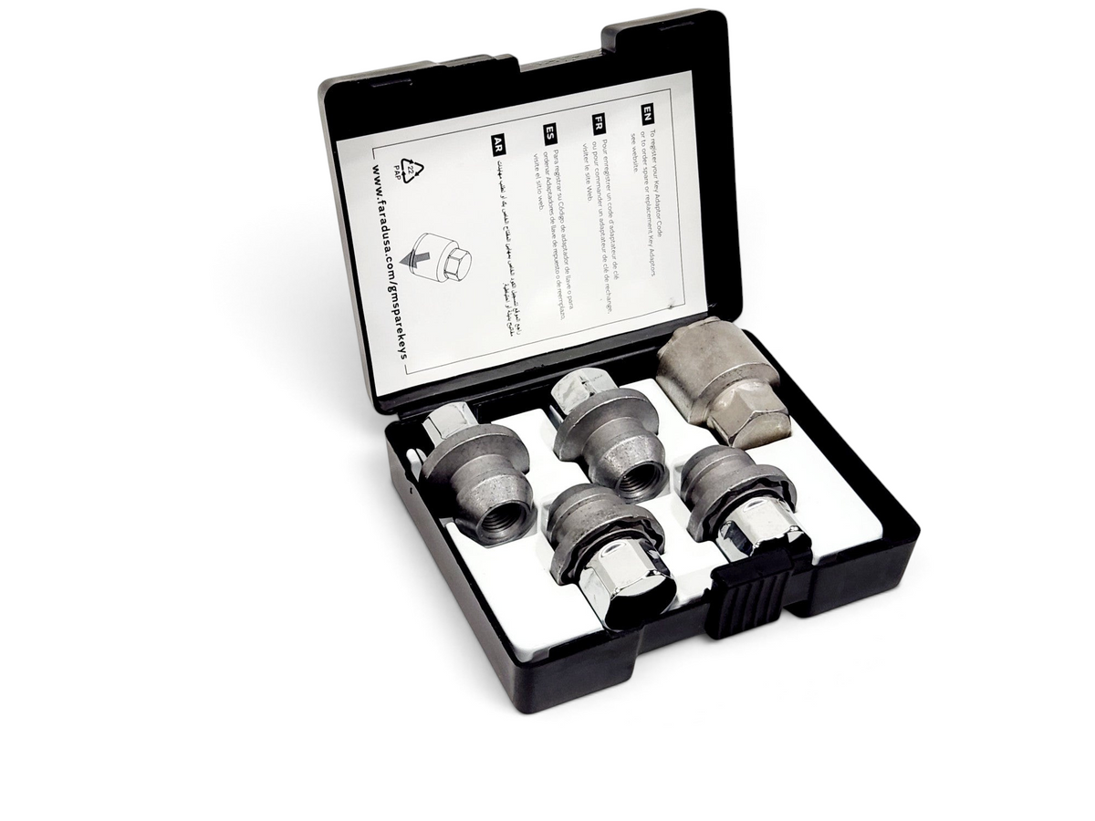 Send it Auto Parts OEM GM chrome wheel lock kit with four locking lug nuts and one key in a black storage case.