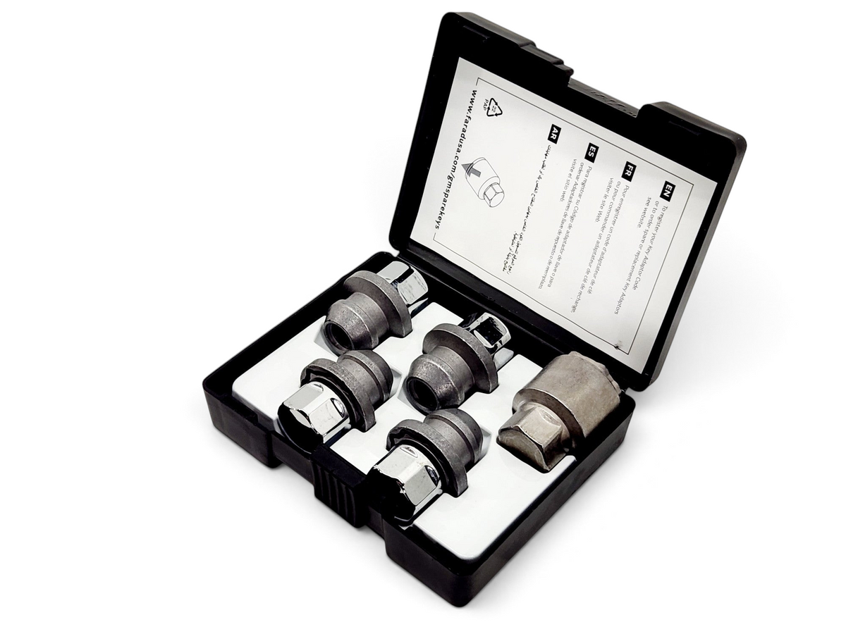 Send it Auto Parts OEM GM chrome wheel lock kit with four locking lug nuts and one matching key in a storage case.