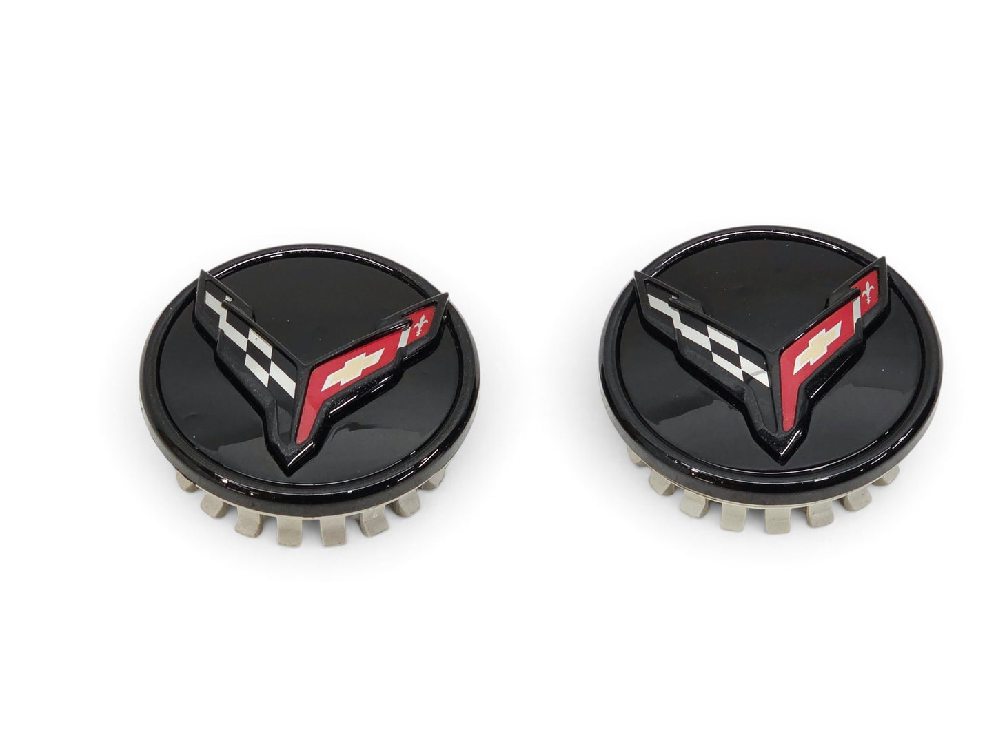 Send it Auto Parts gloss black OEM wheel center caps for 2020-2026 Chevrolet Corvette C8 Stingray, pair of two