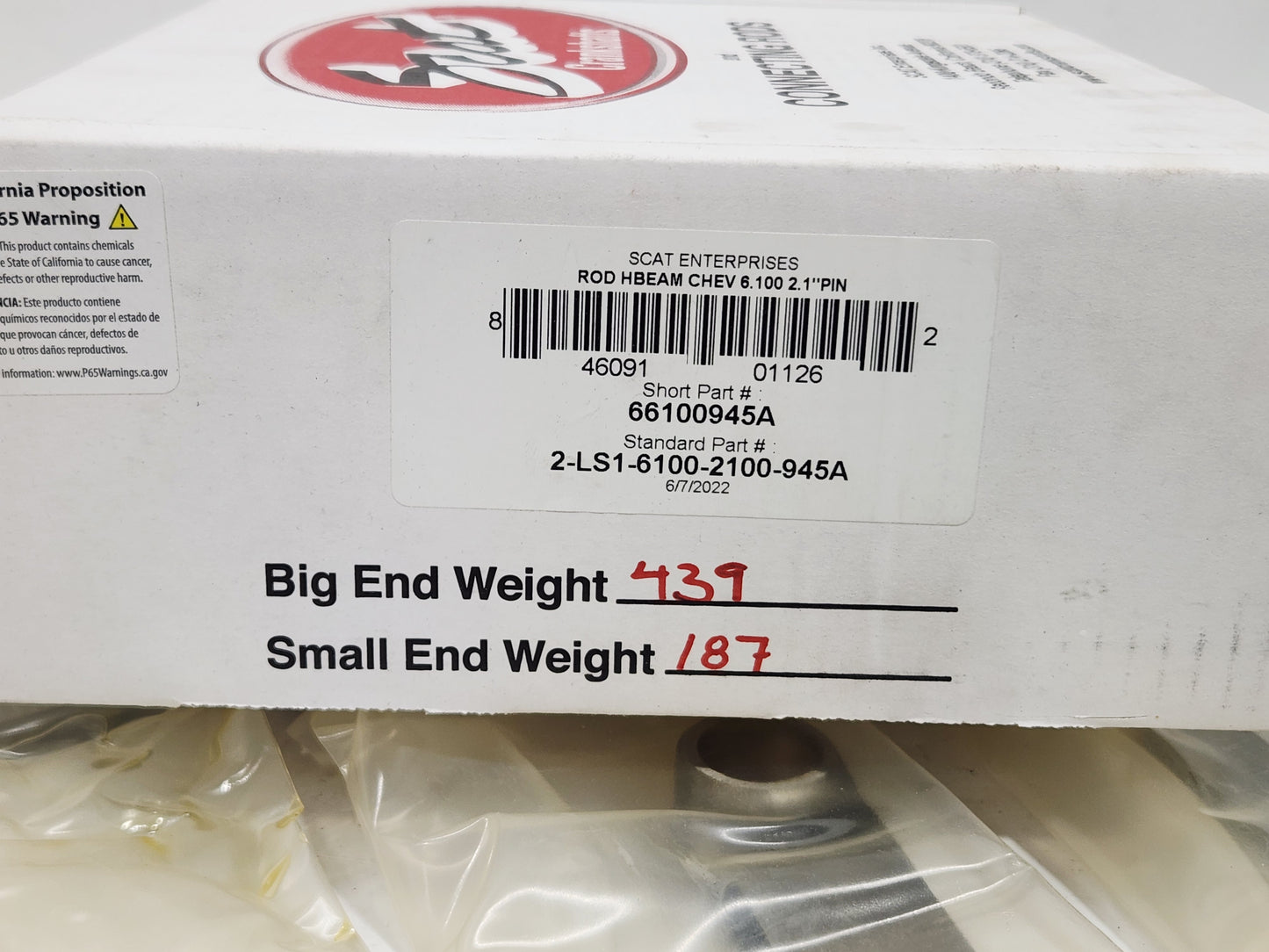 Chevy LS1 Scat Pro Sport H-Beam Connecting Rods 6.100 2.100 Pin ARP Bolts