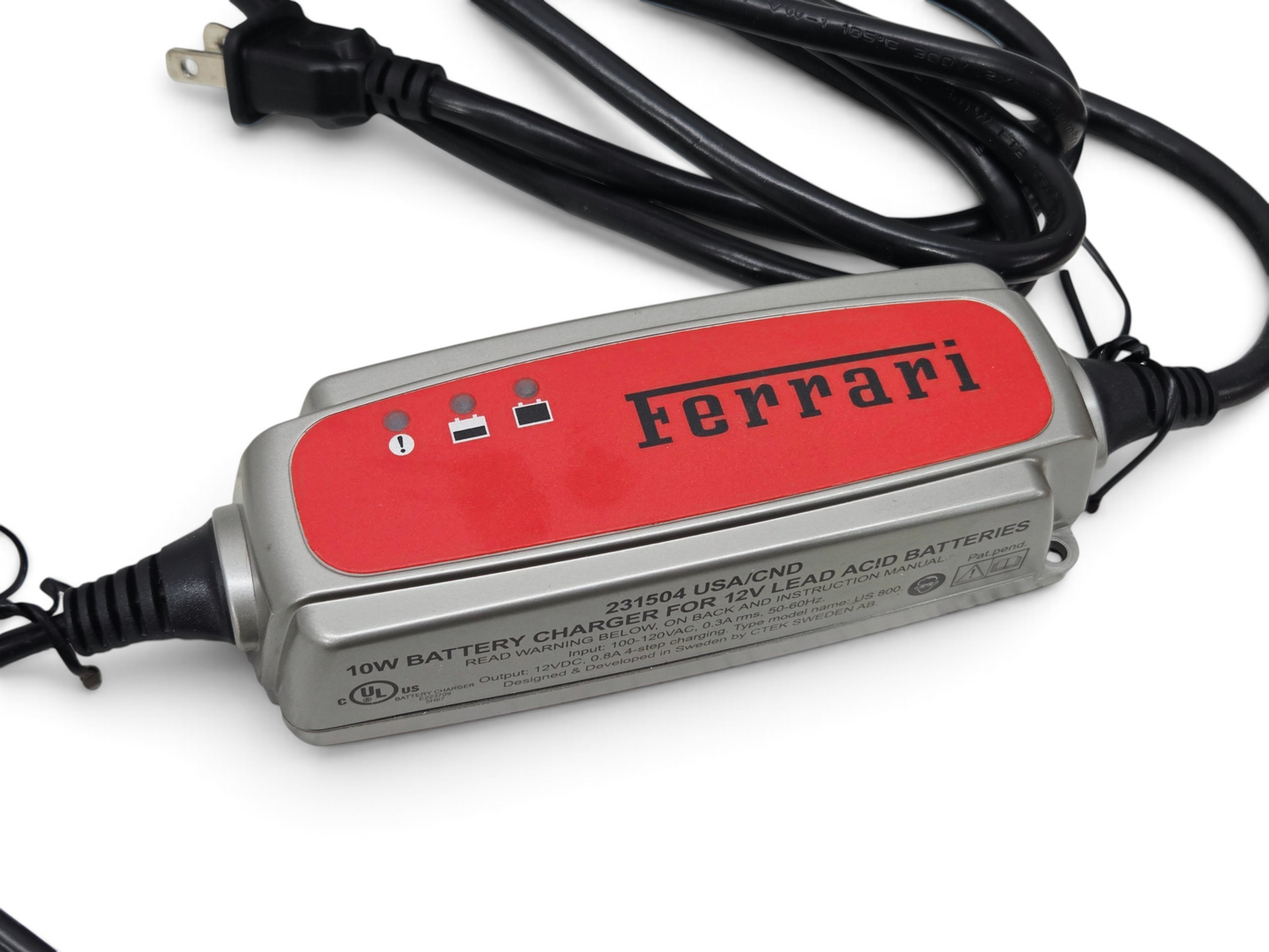 Send it Auto Parts OEM Ferrari 12V battery charger and maintainer with red and silver casing and black power cord