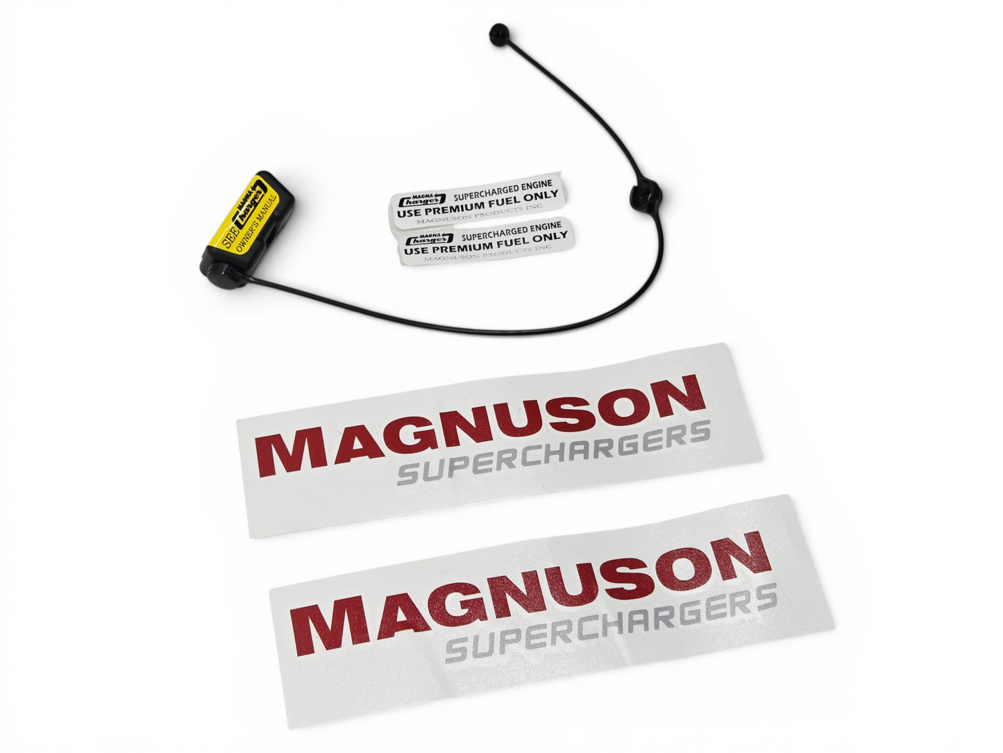 Send it Auto Parts Magnuson supercharger kit including two premium fuel decals, two brand decals, and OBD port cover.