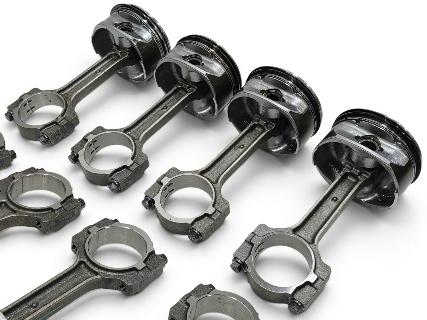 Send it Auto Parts set of 8 OEM GM 6.2L LS3 L92 L99 flat top pistons and connecting rods for crate engines.