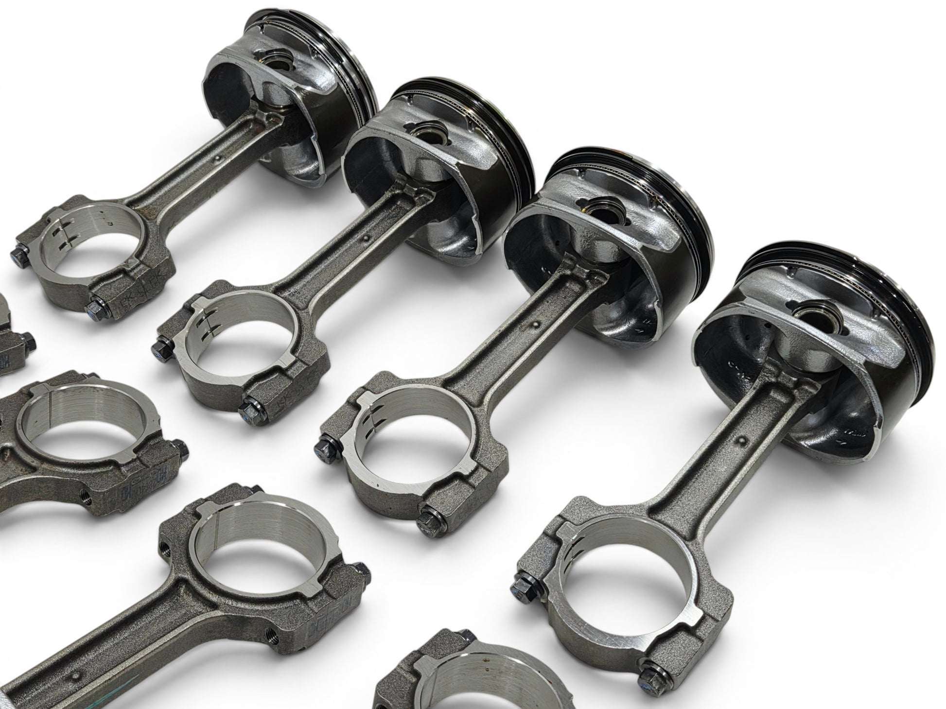 Send it Auto Parts set of 8 OEM GM 6.2L LS3 L92 L99 flat top pistons and connecting rods for crate engines.