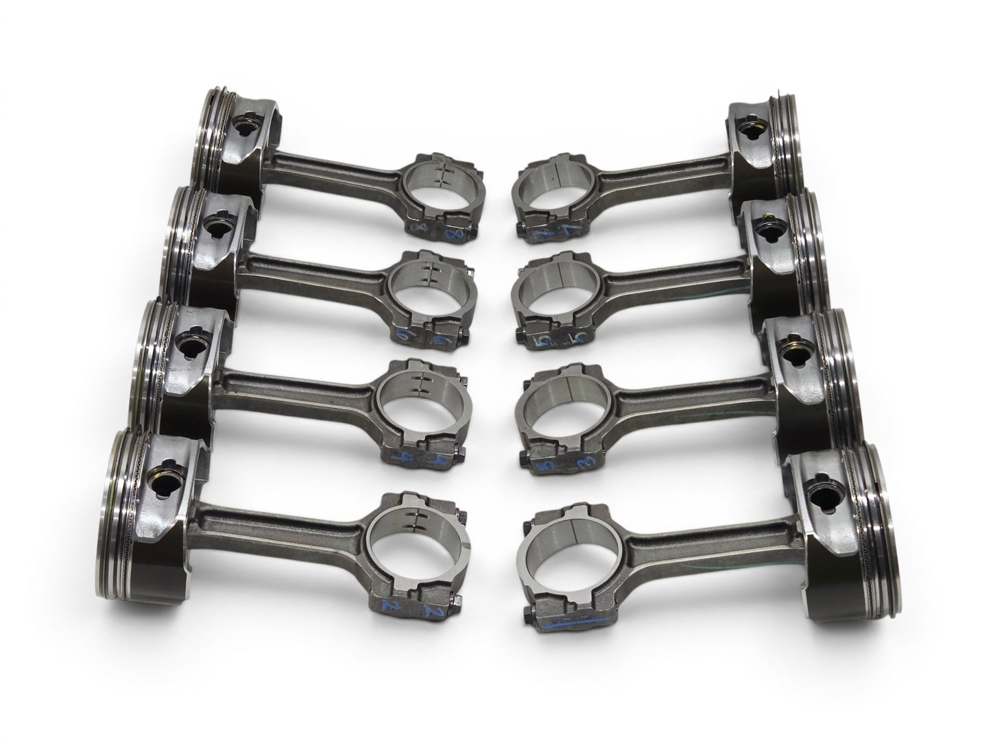 Send it Auto Parts set of 8 OEM GM 6.2L LS3 L92 L99 flat top pistons and connecting rods for V8 engines.