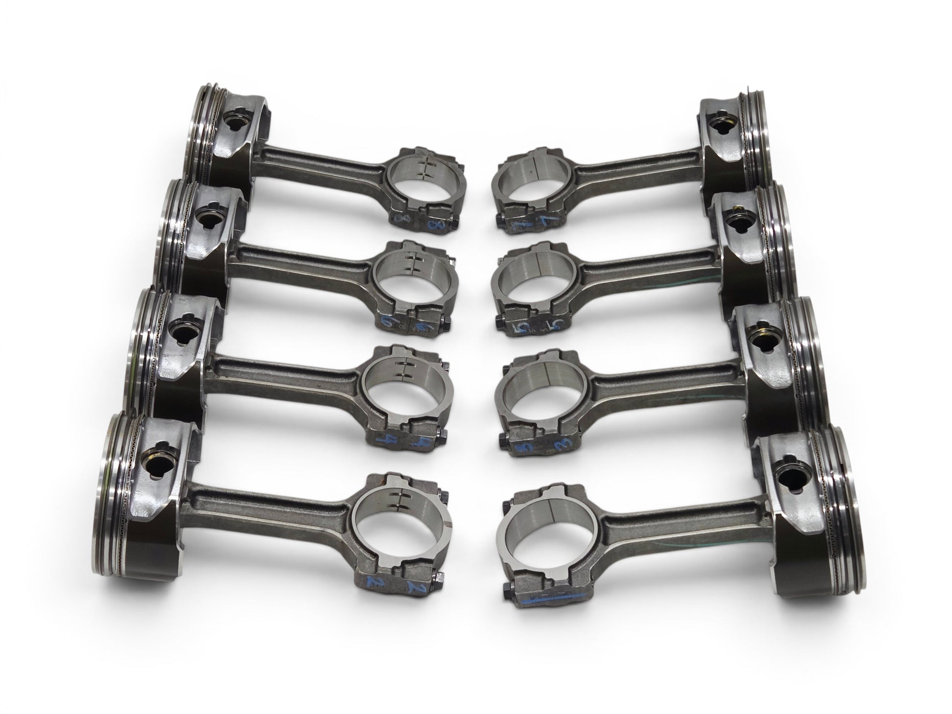 Send it Auto Parts set of 8 OEM GM 6.2L LS3 L92 L99 flat top pistons and connecting rods for V8 engines.