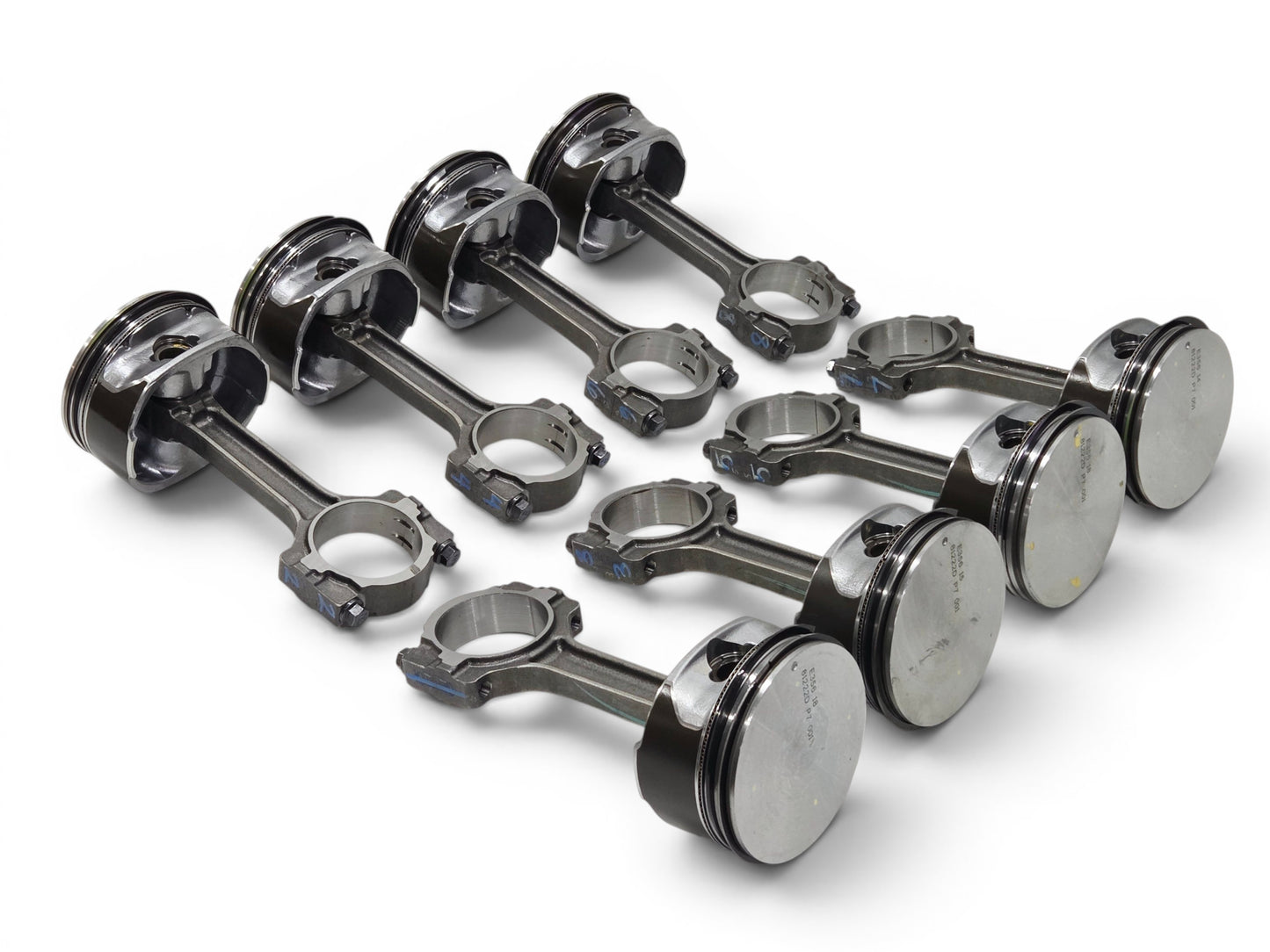 Send it Auto Parts set of 8 OEM GM LS3 6.2L flat top pistons and connecting rods for Chevrolet V8 engines