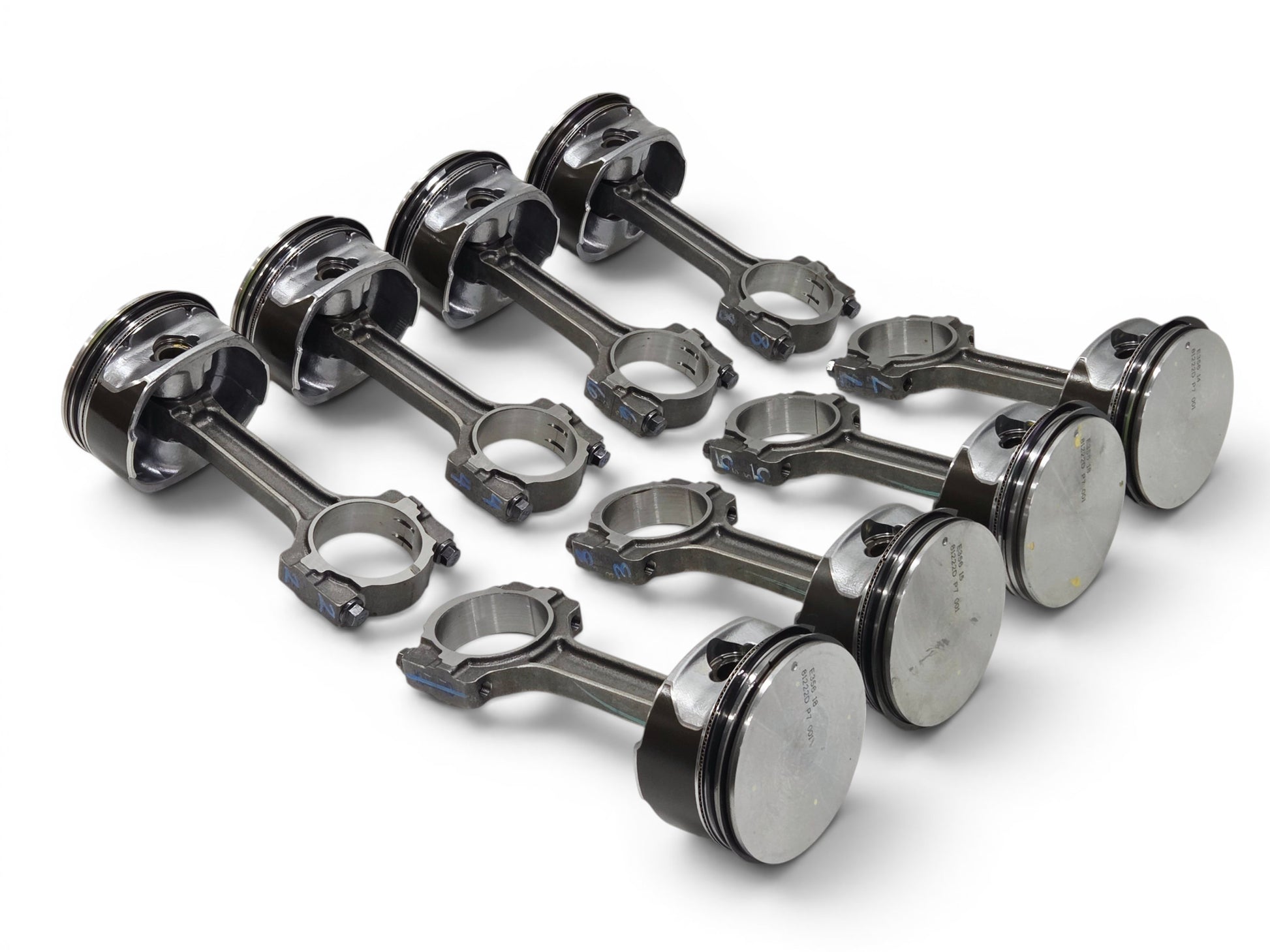 Send it Auto Parts set of 8 OEM GM LS3 6.2L flat top pistons and connecting rods for Chevrolet V8 engines