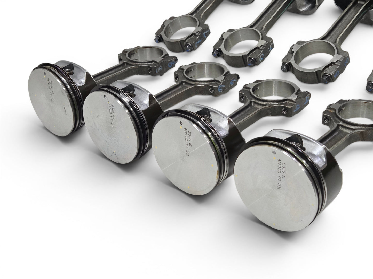 Send it Auto Parts set of 8 OEM GM LS3 6.2L flat top pistons and connecting rods for Chevrolet V8 engines.
