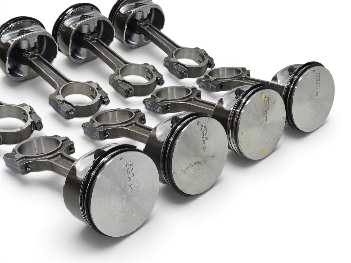 Send it Auto Parts set of 8 OEM GM 6.2L LS3 L92 L99 flat top pistons and connecting rods for crate engines.