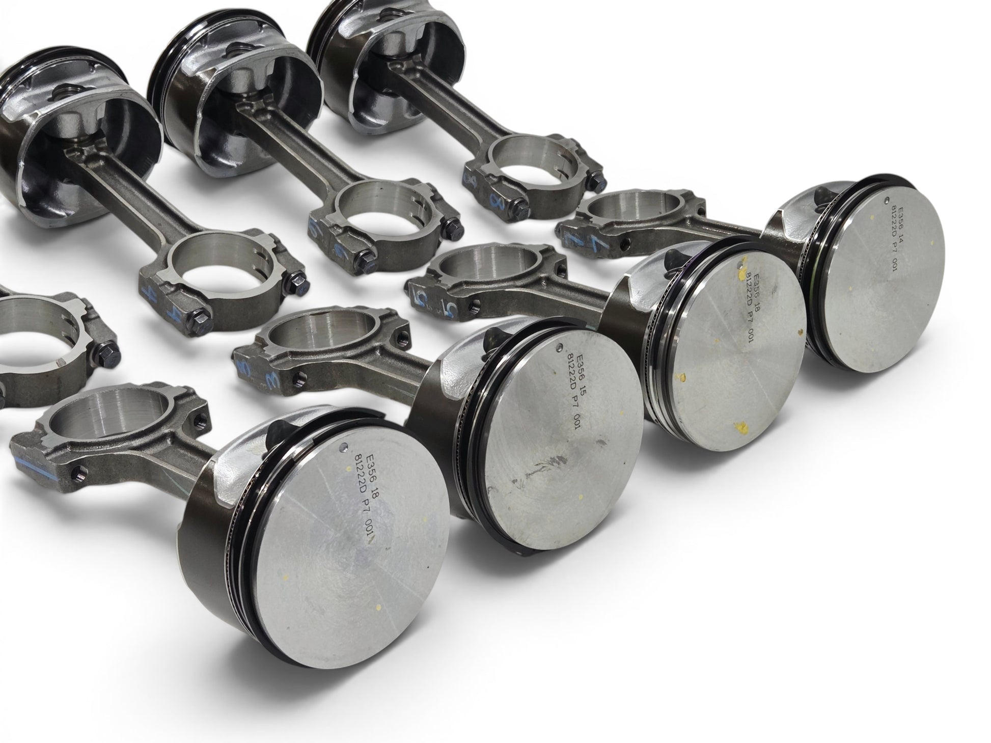 Send it Auto Parts set of 8 OEM GM 6.2L LS3 L92 L99 flat top pistons and connecting rods for crate engines.