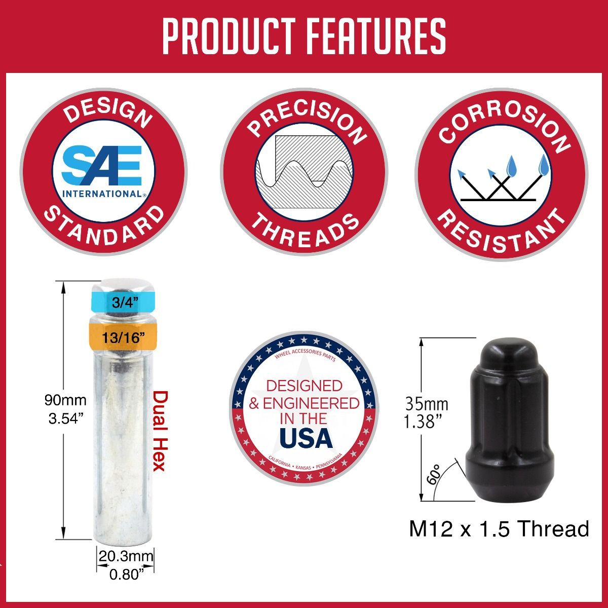 Coyote Wheel 64K645BLK 6 Lug Kit 12mmx 1.5 1.38"OAL 6 Spline Tool Qty 24 Black