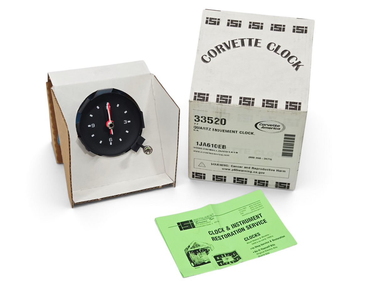 Send it Auto Parts 1977 Corvette C3 quartz clock with original ISI Instrument packaging and restoration service card