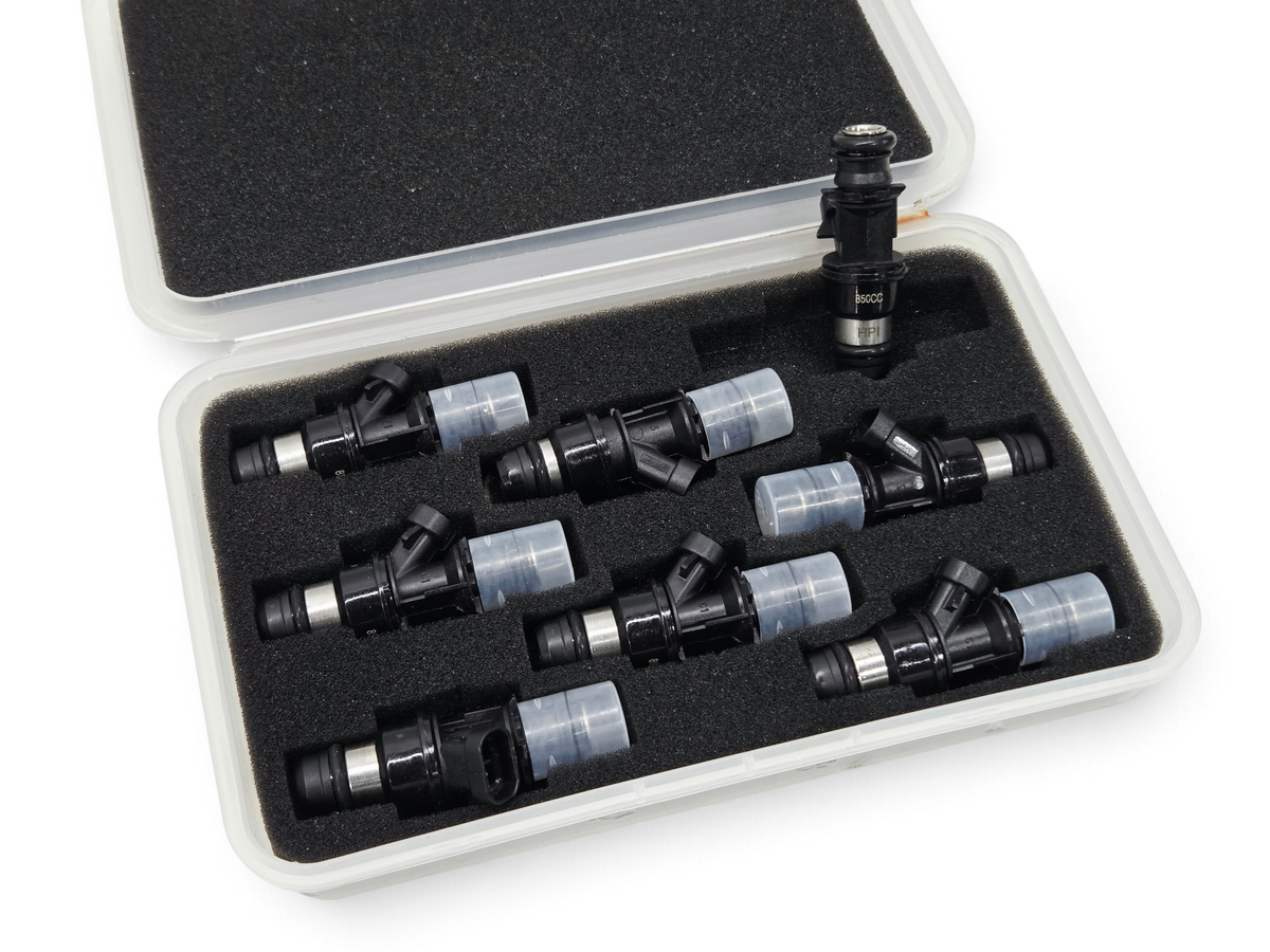 Send it Auto Parts set of 8 black Delphi shorty 850cc fuel injectors in a foam-lined storage case