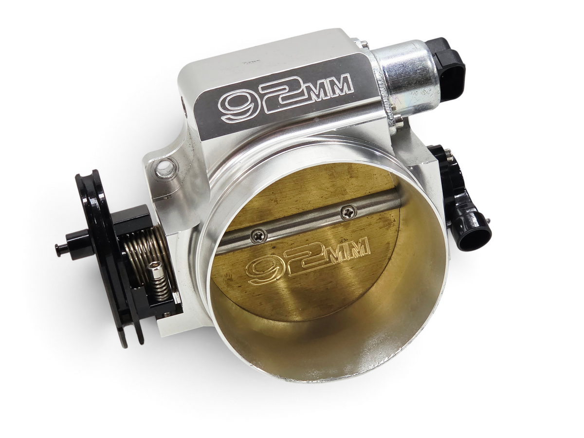 Send it Auto Parts 92mm aluminum throttle body for GM LS engines with TPS and IAC sensors, featuring a brass blade.