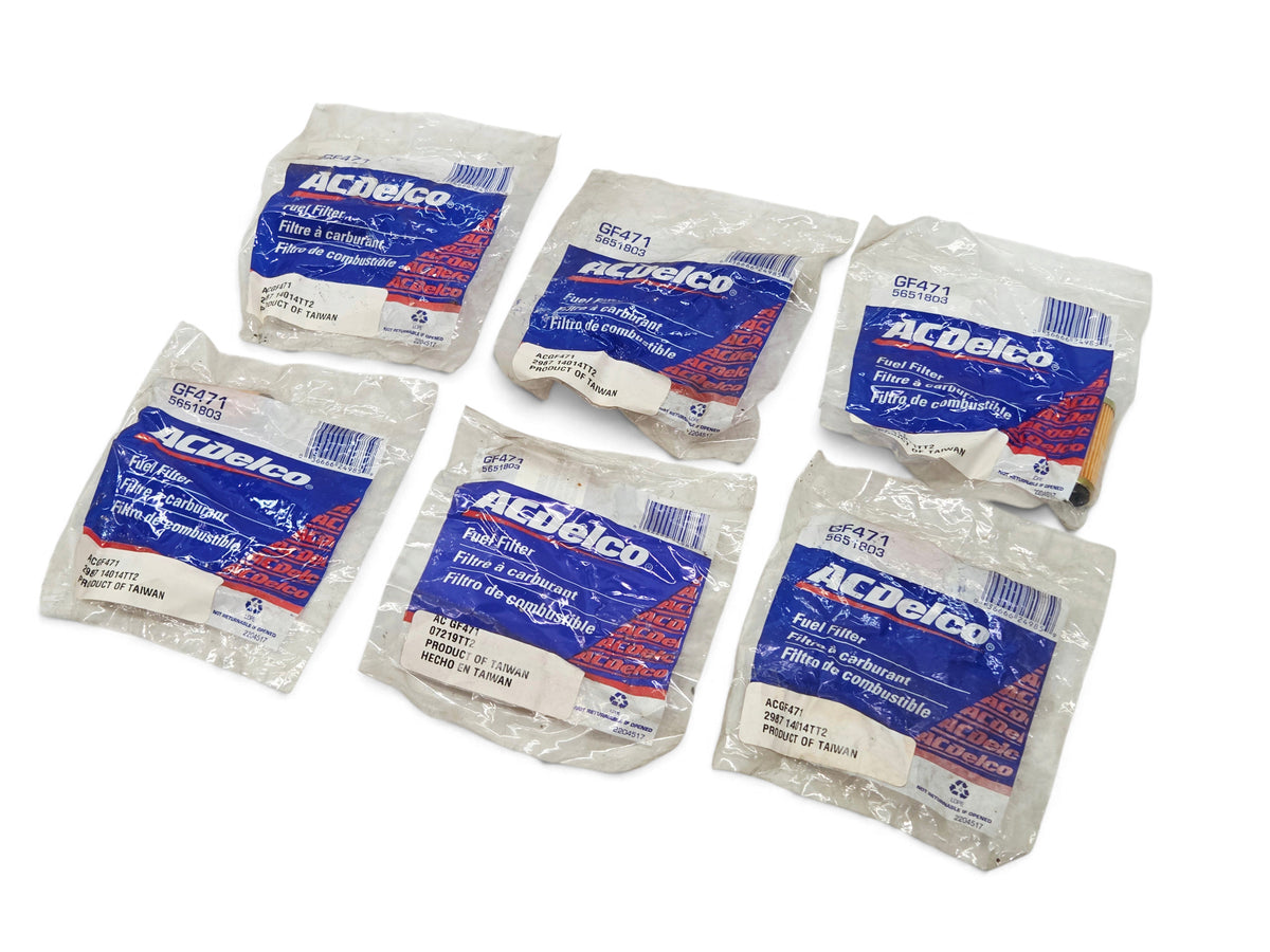 Six Send it Auto Parts genuine OEM ACDelco GF471 fuel inlet filter cartridges in original plastic packaging
