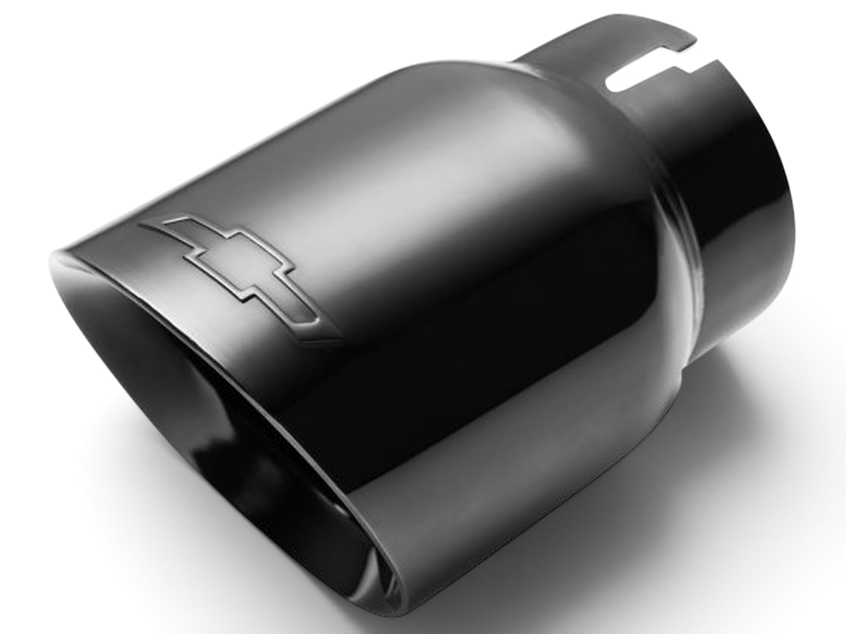 Send it Auto Parts black chrome exhaust tip for Chevy Colorado with embossed Chevrolet logo and mounting clamp