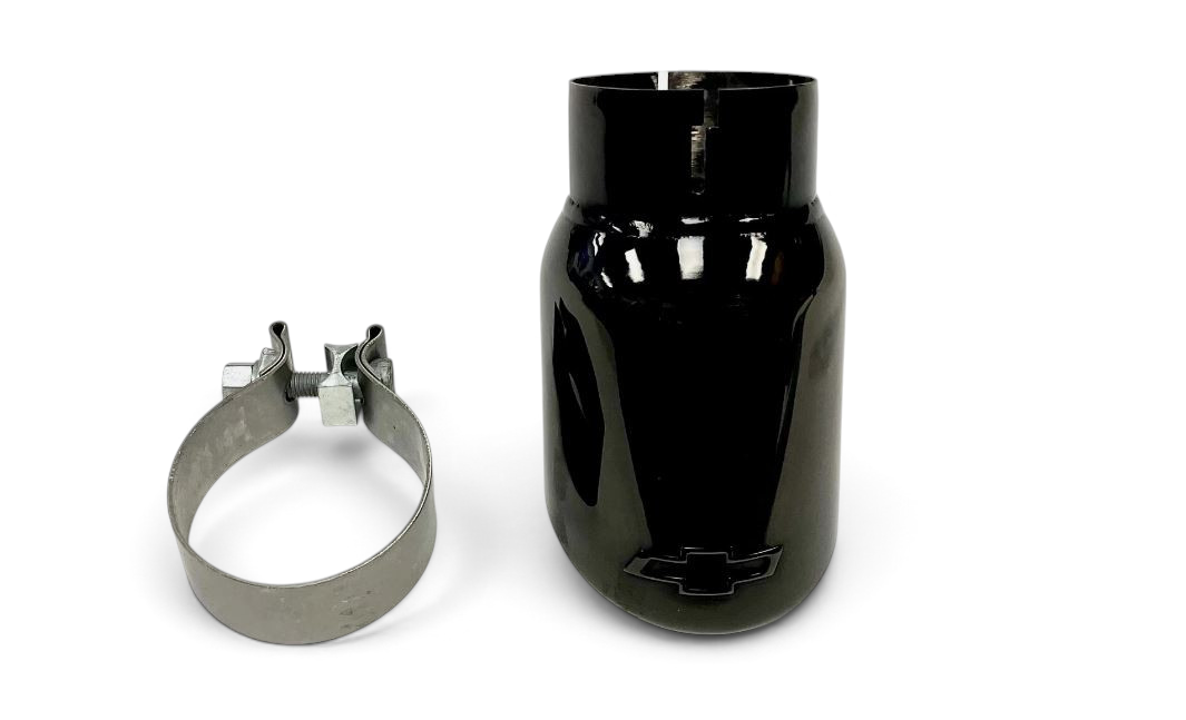 Send it Auto Parts black chrome stainless steel exhaust tip with Chevrolet logo and mounting clamp for Chevy Colorado