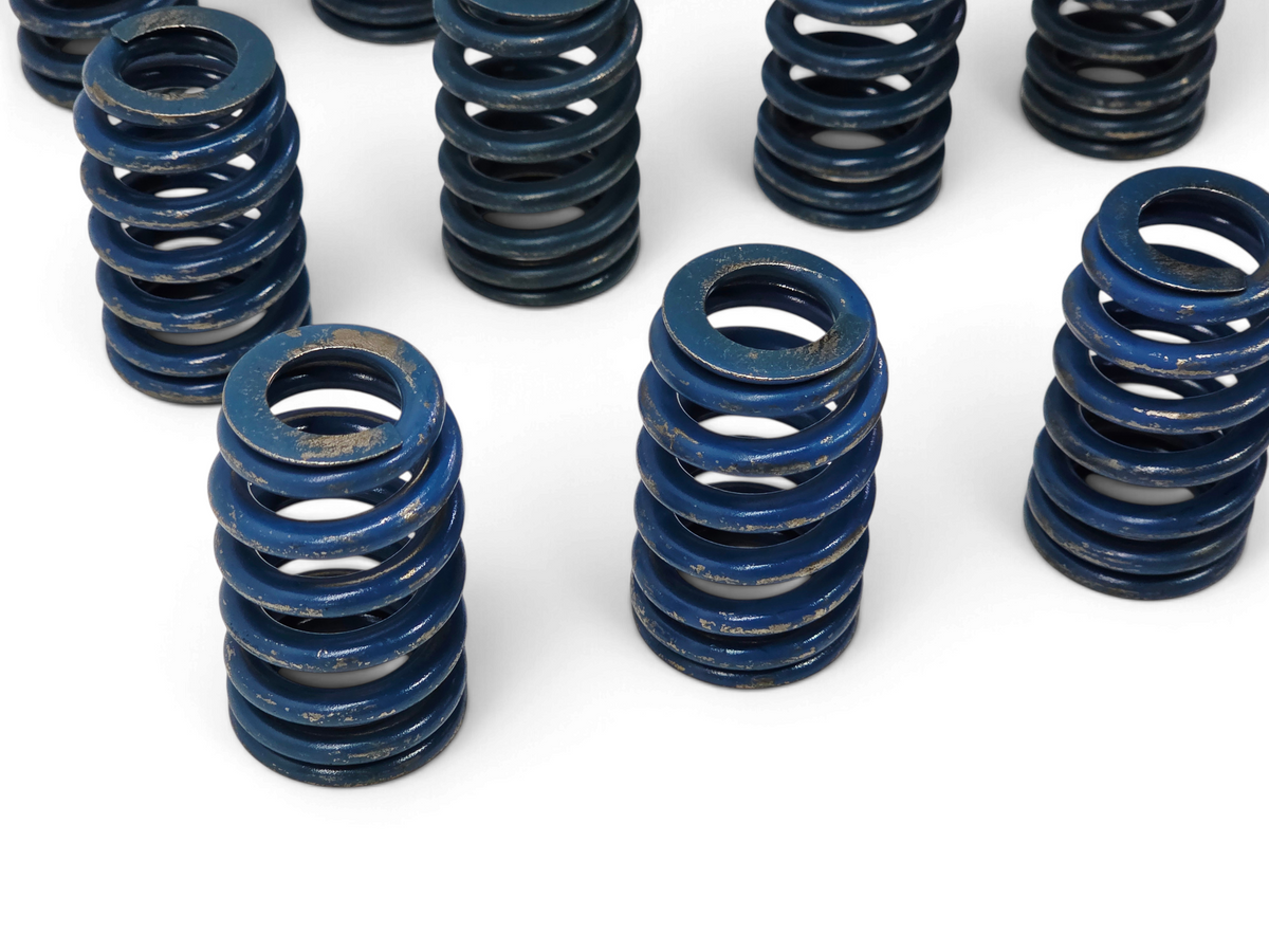 Set of 16 genuine Send it Auto Parts blue beehive valve springs for GM LS engines, showing used condition.