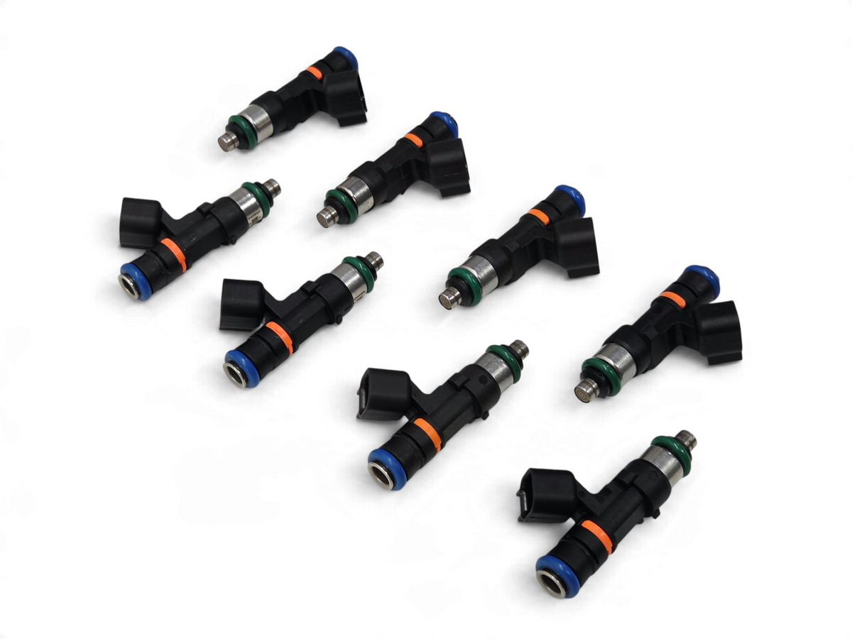 Send it Auto Parts set of eight genuine Bosch 0280158117 550cc EV14 fuel injectors with black bodies and color rings