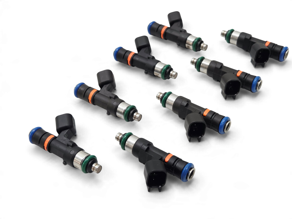 Send it Auto Parts set of eight Bosch 550cc EV14 fuel injectors with black bodies and blue and green O-rings