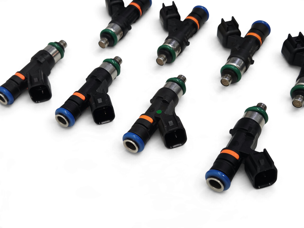 Send it Auto Parts set of 8 genuine Bosch 0280158117 550cc EV14 fuel injectors with black bodies and colorful seals.