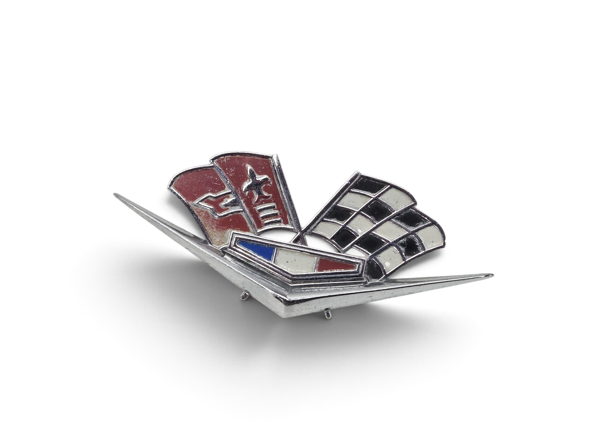 Send it Auto Parts OEM 1962-1963 C2 Corvette fender cross flags emblem in driver quality condition