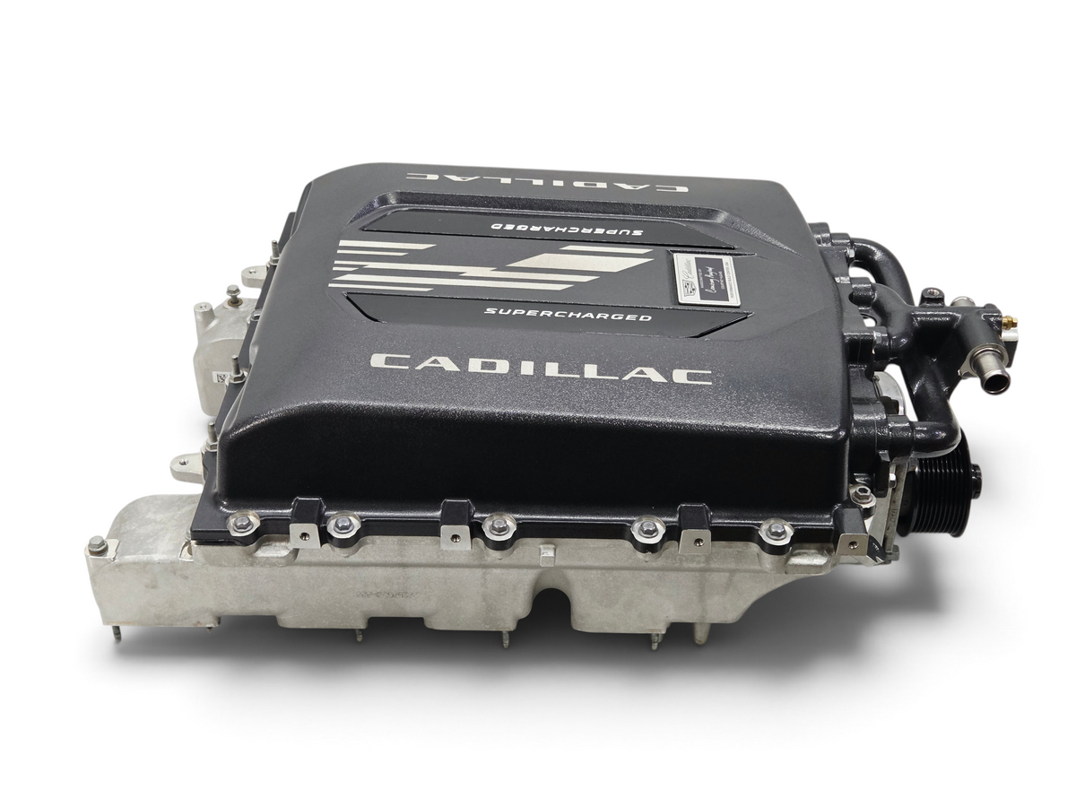 Send it Auto Parts OEM Cadillac Escalade V supercharger assembly for 6.2L V8 engines, black and silver finish.