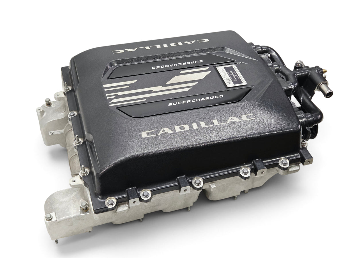 Send it Auto Parts OEM Cadillac Escalade V supercharger assembly in black with silver branding and metal housing