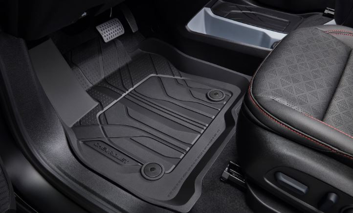 Send it Auto Parts OEM black all-weather floor liner installed in a 2022-2023 Chevrolet Bolt EUV interior