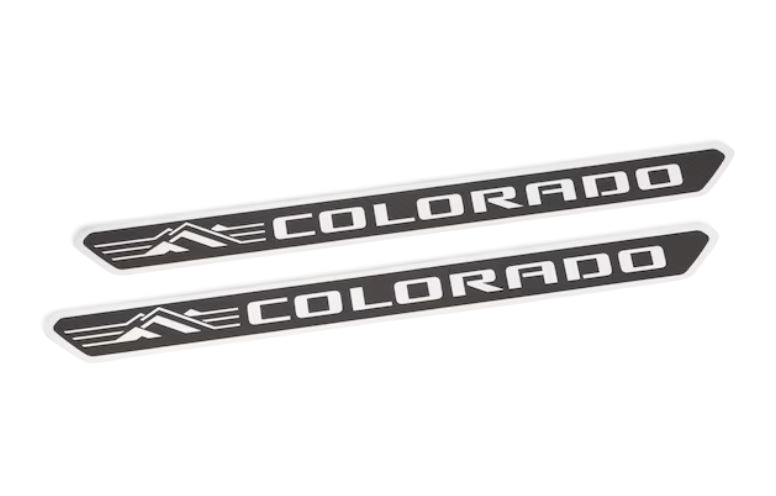 Send it Auto Parts stainless steel front door sill plates for 2023-2027 Chevrolet Colorado with mountain logo