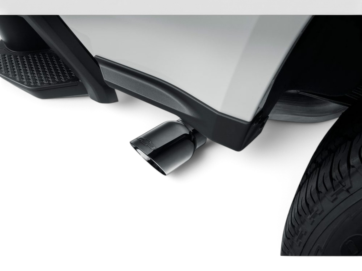 Send it Auto Parts black chrome exhaust tip installed on a Chevy Colorado rear bumper with embossed logo