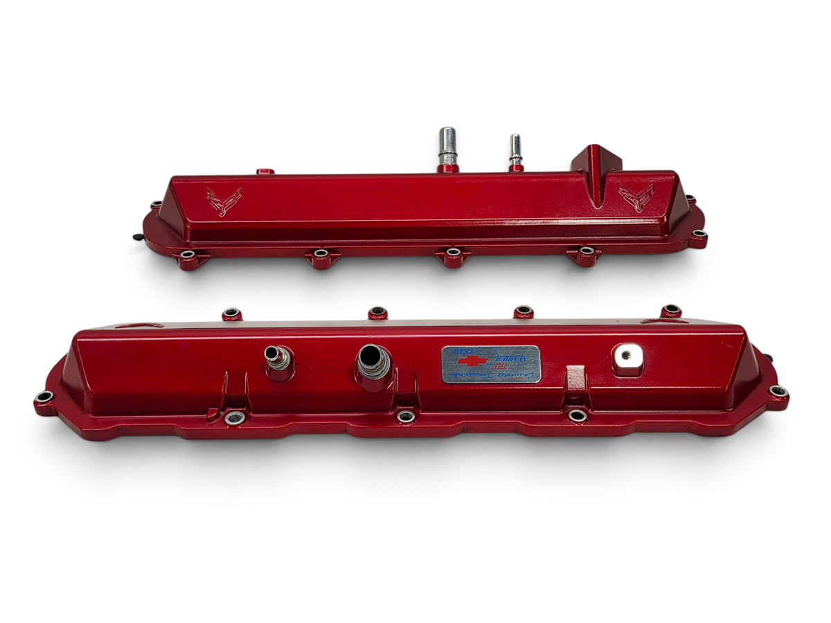 Send it Auto Parts OEM red valve covers for 2020-2026 Chevy Corvette C8 6.2L LT2 engine with Corvette emblems