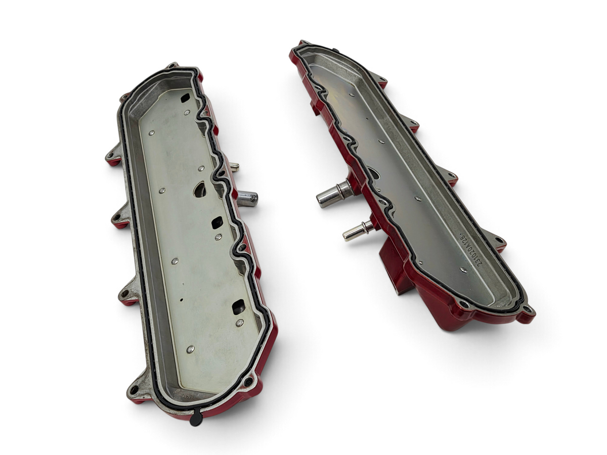 Send it Auto Parts OEM red valve covers for 2020-2026 Chevy Corvette C8 6.2L LT2 engine showing underside details.