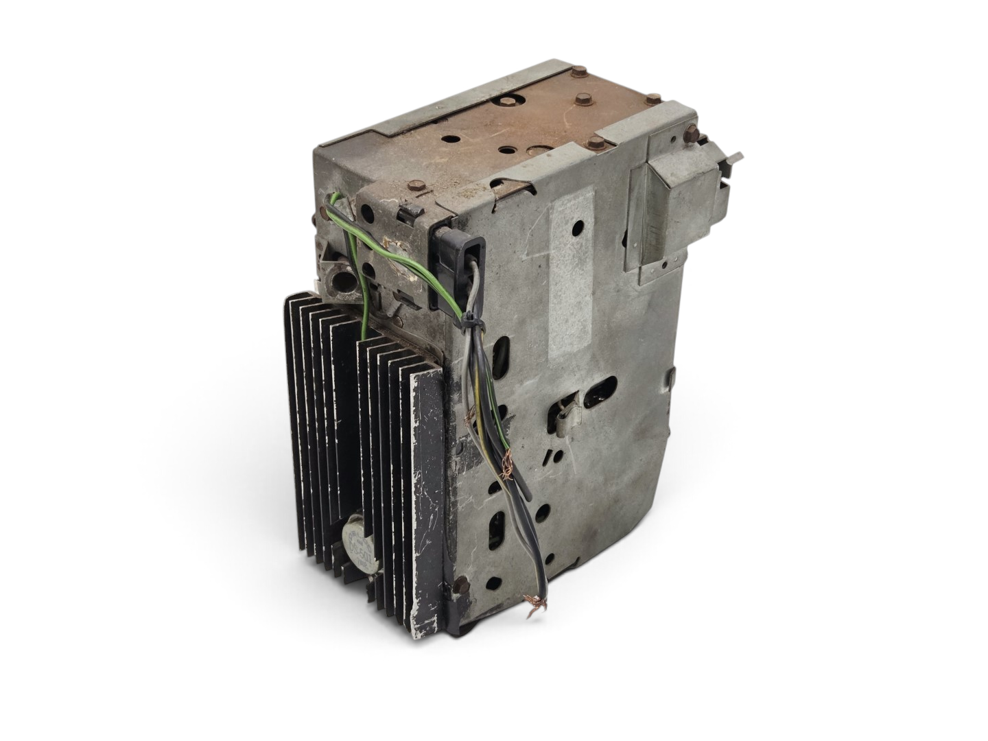 Send it Auto Parts OEM AM FM radio for 1963-1967 Corvette C2, showing metal casing and black heat sink