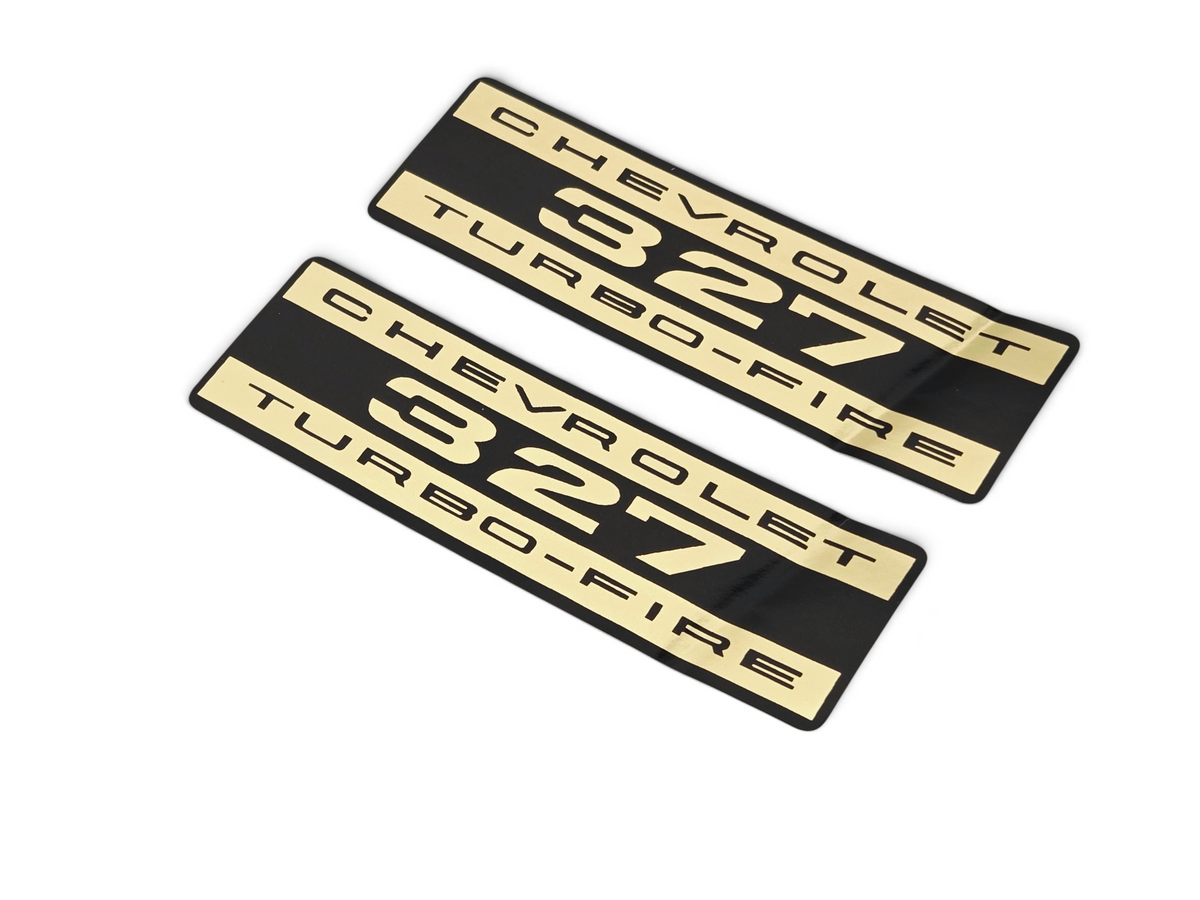 Send it Auto Parts pair of gold and black 327 Turbo-Fire valve cover foil decals for 1963-1965 Corvette C2 engines