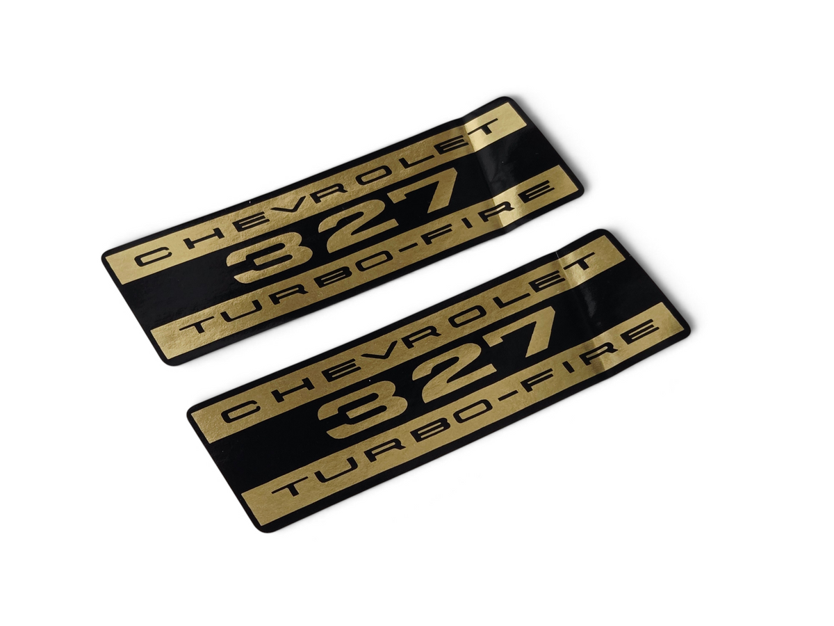 Send it Auto Parts 1963-1965 Corvette C2 327 Turbo-Fire valve cover foil decals in black and gold, set of two.