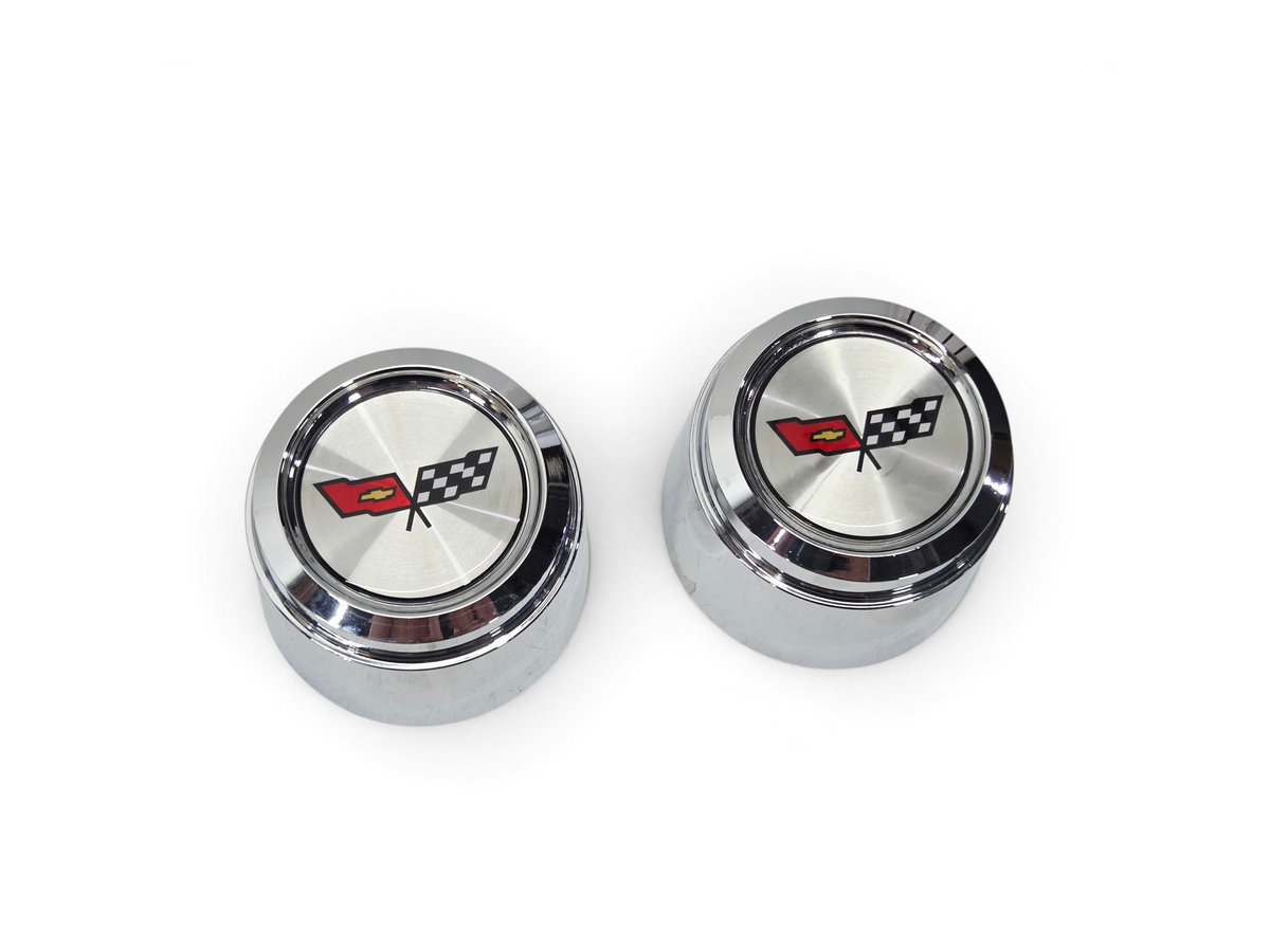 Send it Auto Parts pair of chrome 1982 Corvette C3 center caps for YJ8 style aluminum wheels with crossed flag emblem