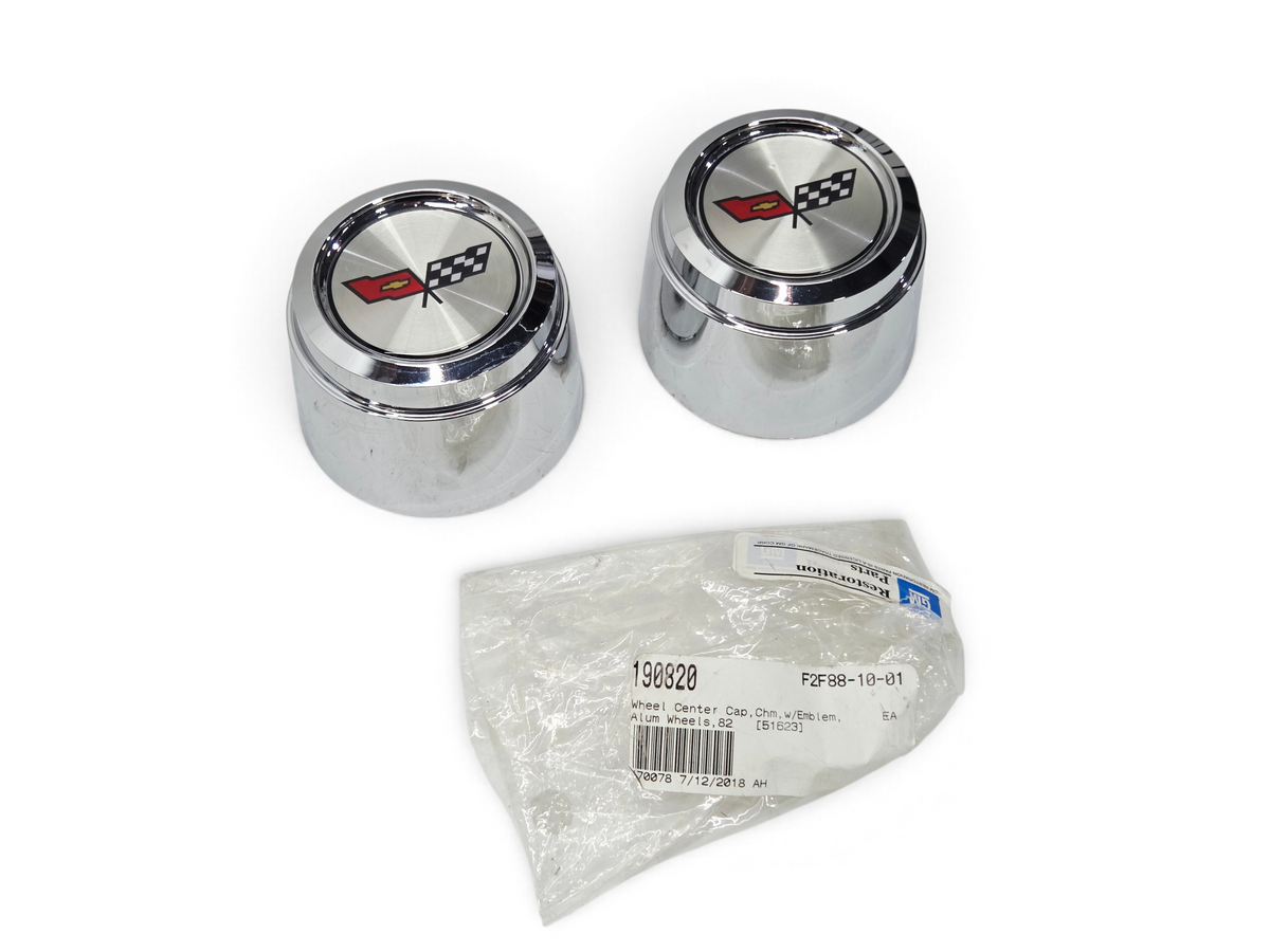 Send it Auto Parts pair of chrome 1982 Corvette C3 center caps with checkered flag emblems for YJ8 aluminum wheels