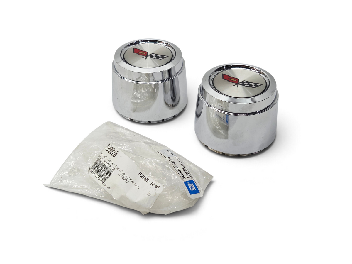 Send it Auto Parts pair of chrome 1982 Corvette C3 center caps for YJ8 style aluminum wheels with emblem