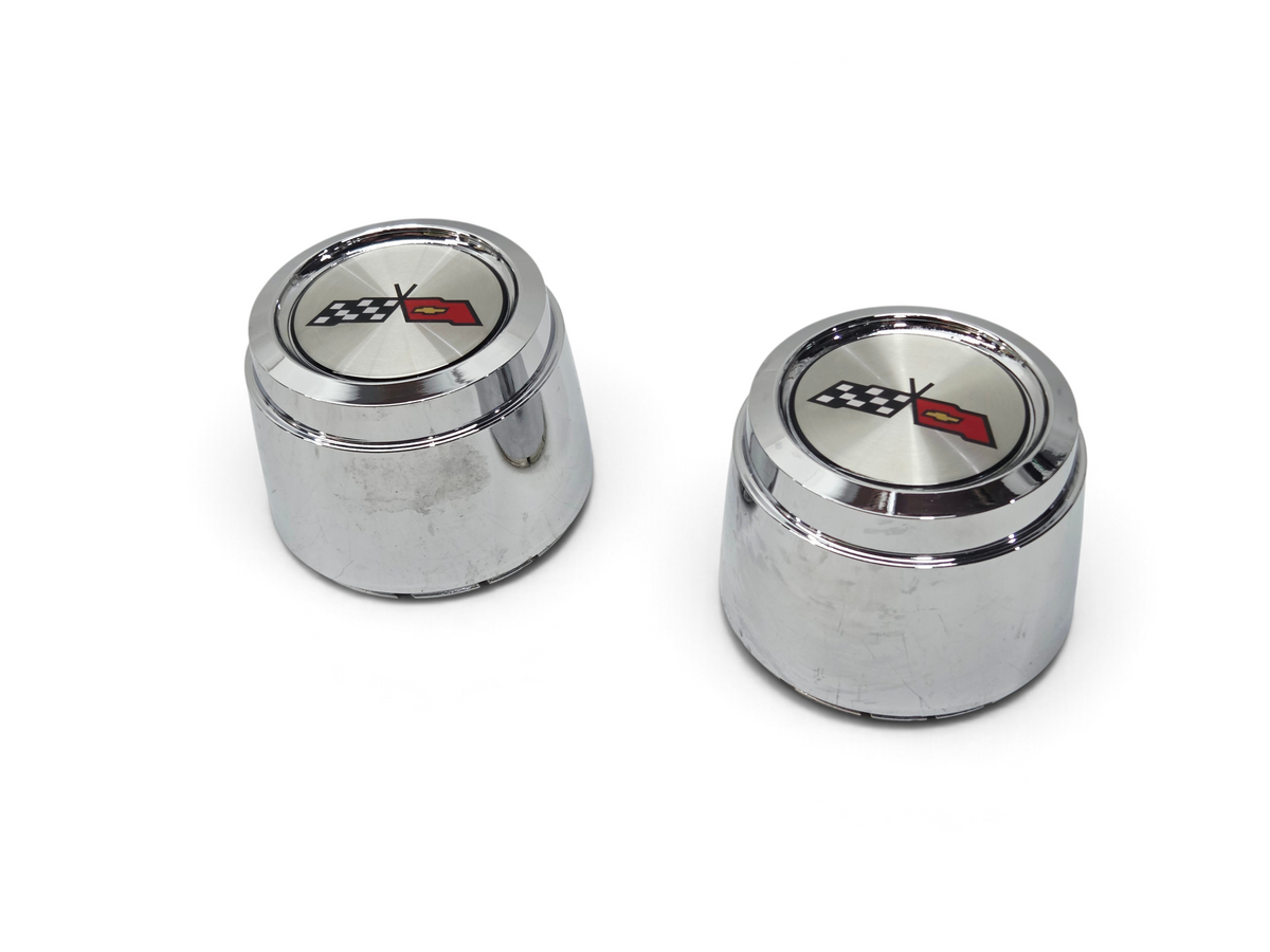 Send it Auto Parts pair of chrome 1982 Corvette C3 center caps for YJ8 aluminum wheels with checkered flag emblem