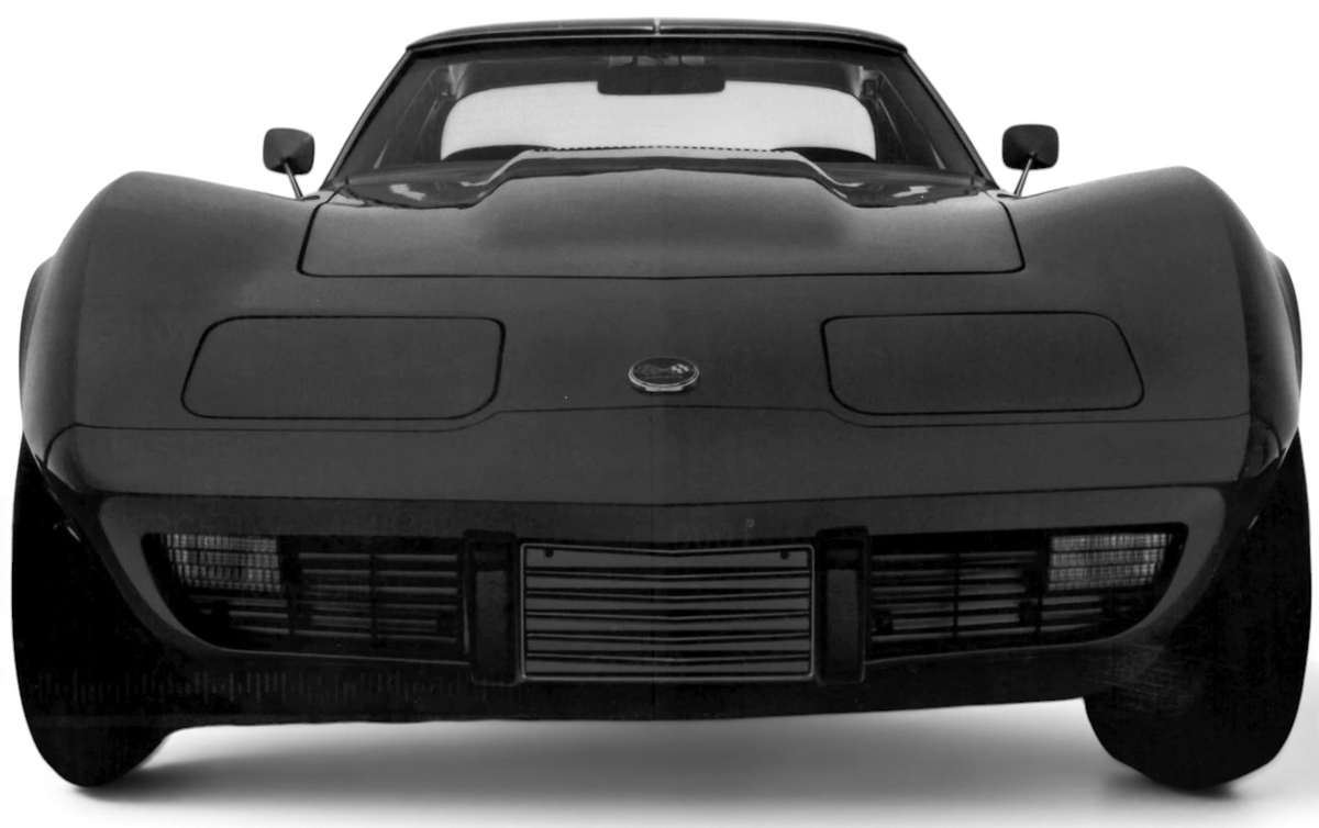 Send it Auto Parts front license plate filler grillmate installed on a 1975-1979 Corvette C3 front bumper