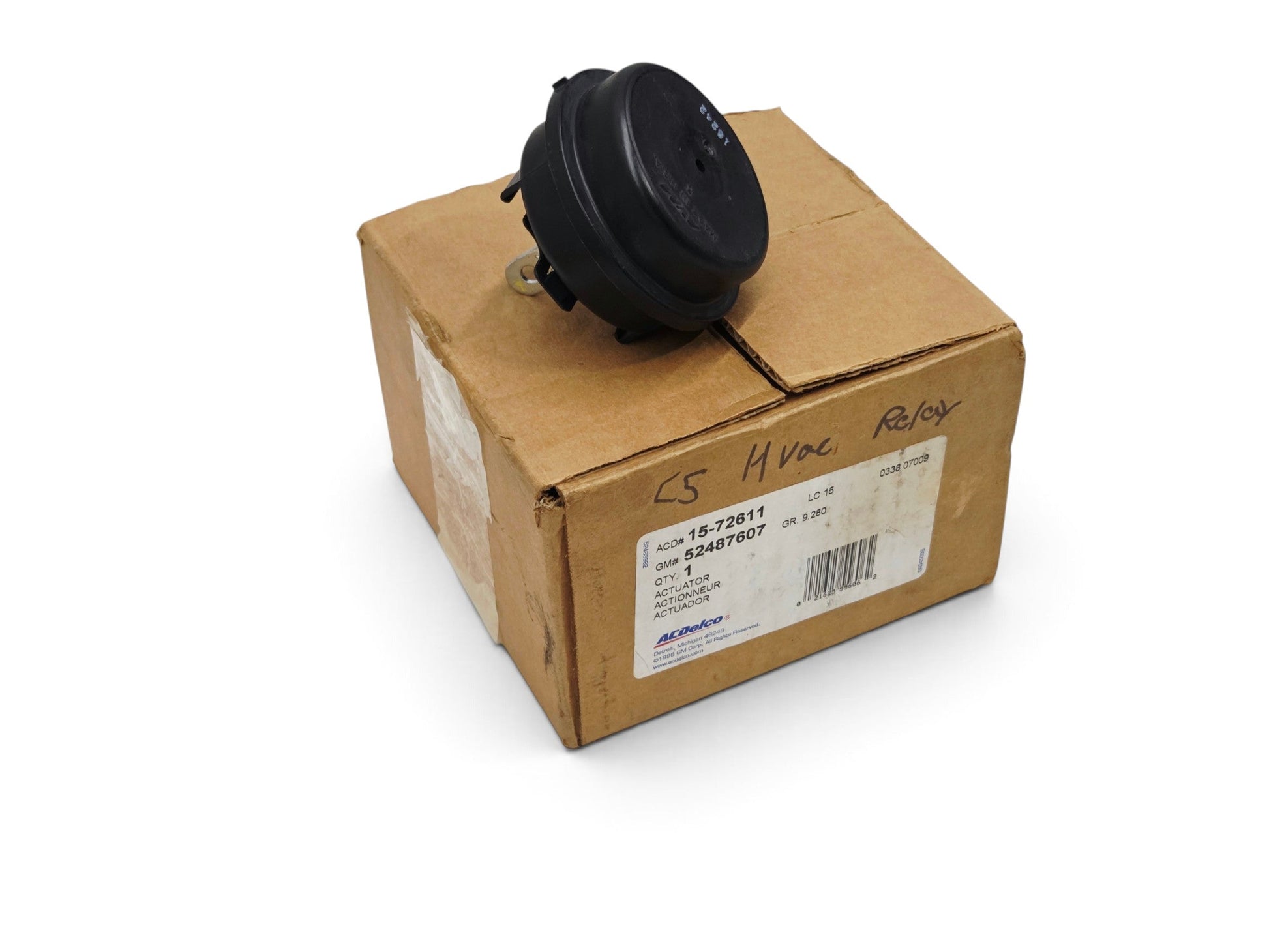Send it Auto Parts OEM GM vacuum door actuator for 1997-2004 Corvette C5 sitting on its original AC Delco box