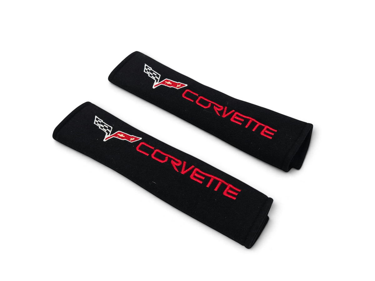 Send it Auto Parts black seat belt pads with red and white embroidered Corvette C6 logos for car interior comfort