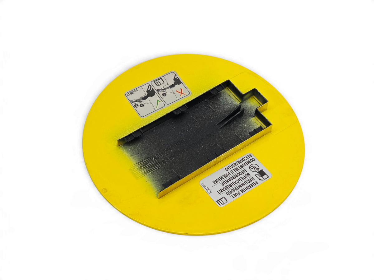Send it Auto Parts yellow OEM fuel filler gas door lid for 2014-2019 Corvette C7 with premium fuel warning label