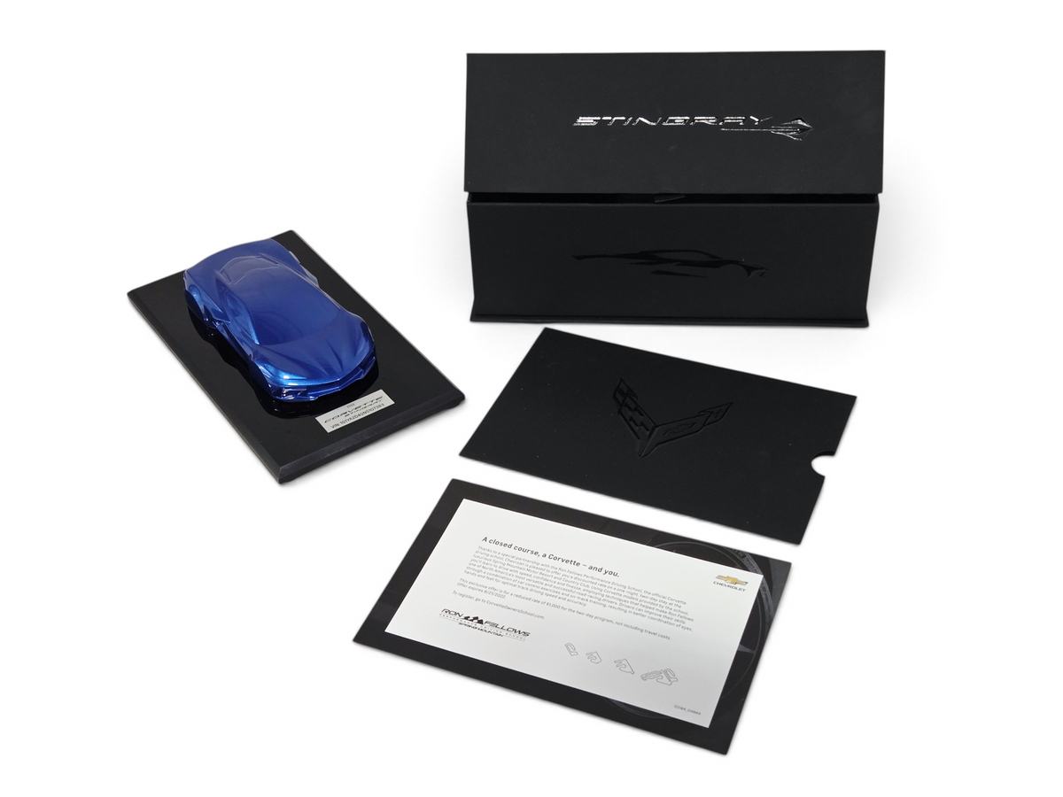 Send it Auto Parts 2022 Corvette C8 1:18 scale speedshape model in Elkhart Lake Blue with display base and box